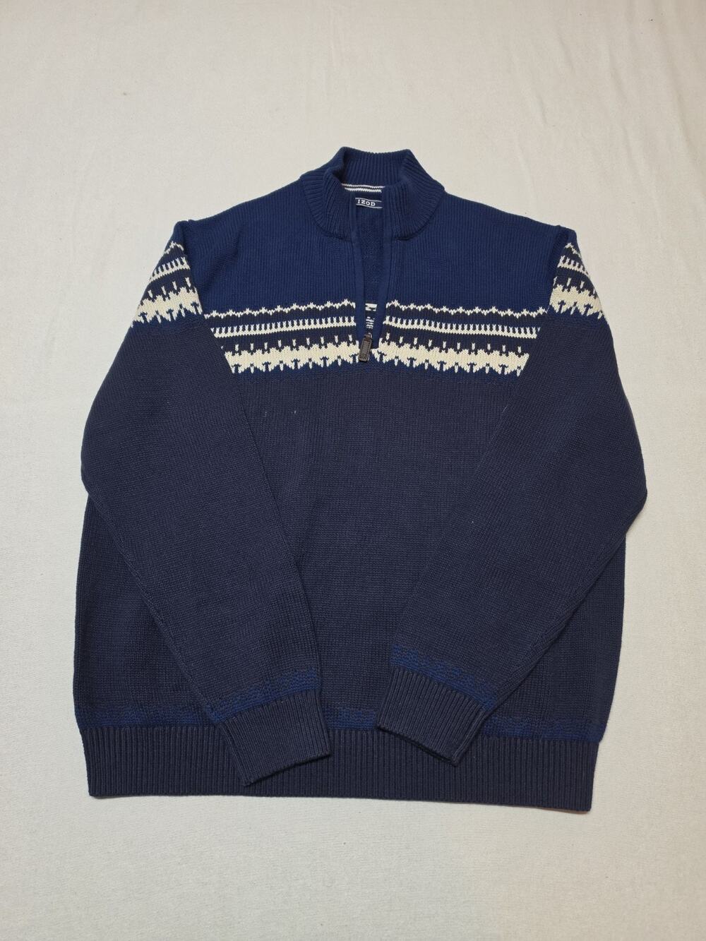 IZOD Mens XL Navy Blue Fair Isle Nordic Quarter Zip Knit Pullover Sweater